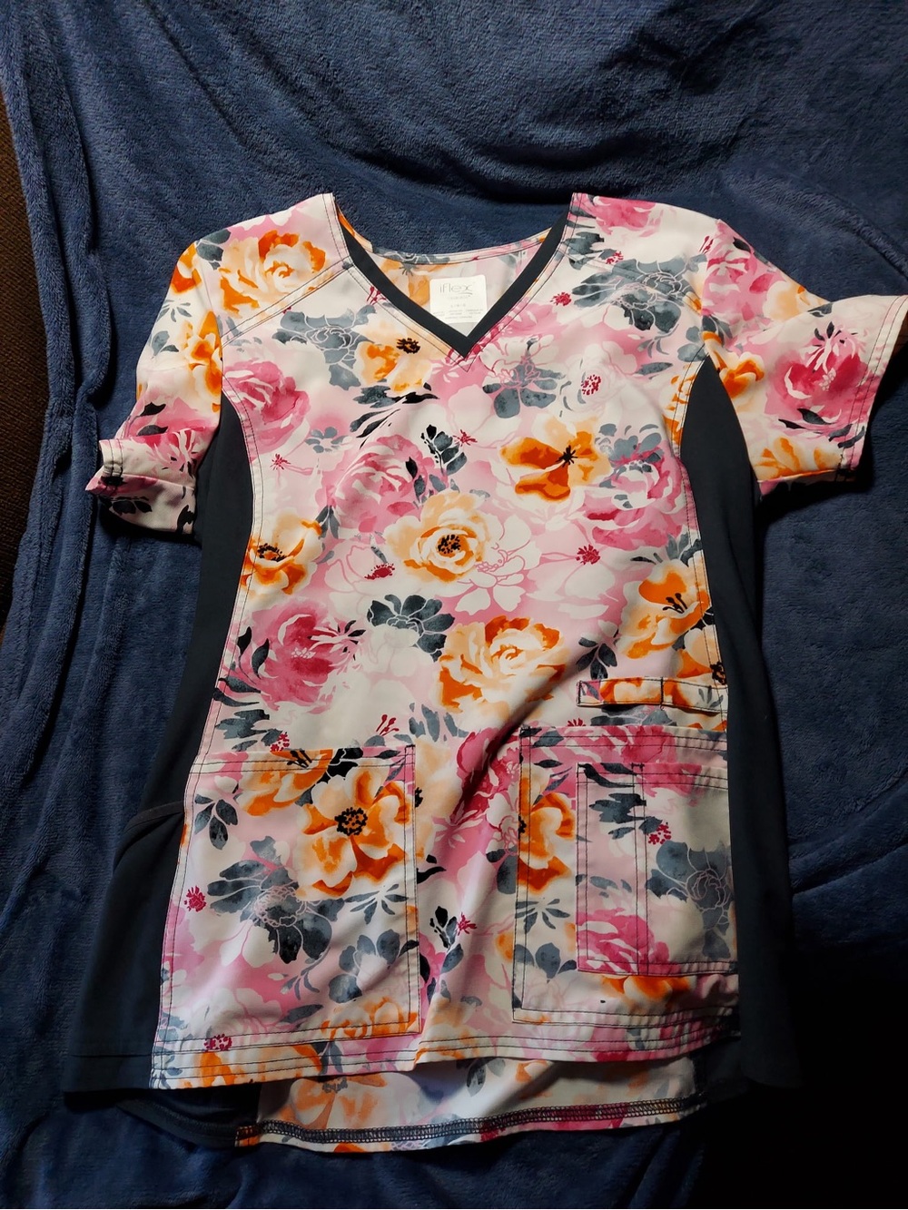 Women’s Floral V-Neck Scrub Top in Pink, Orange & Gray